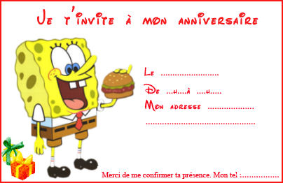 carte d'invitation anniversaire bob l'éponge