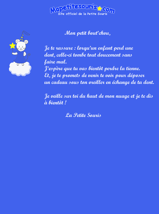 lettre de la petite souris : ma dent est tombée
