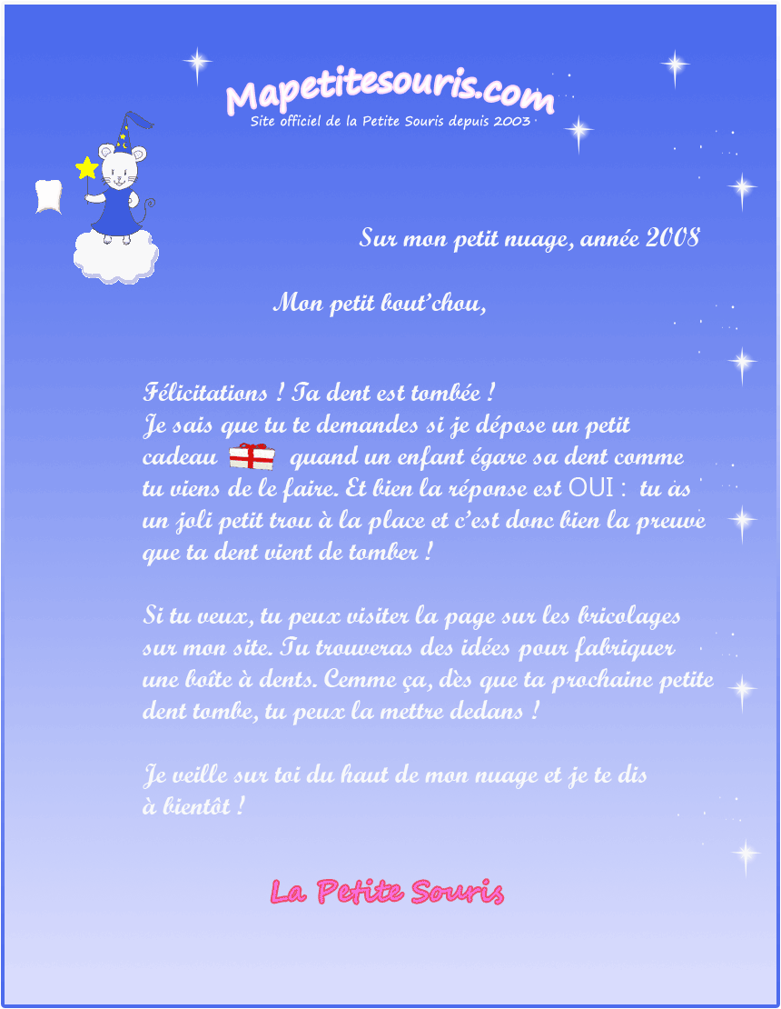 lettre de la petite souris : ma dent est tombée
